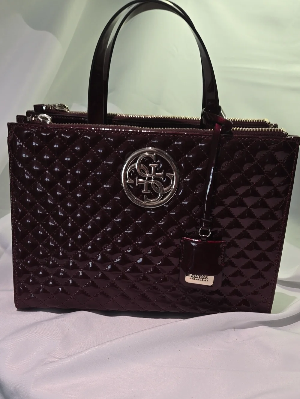 Guess Quilted Patent Satchel in Deep Wine